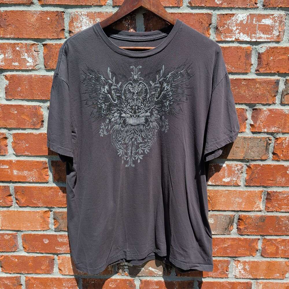 Stranded Graphic Tee Mens L Gray Gothic Eagle Wings Print Y2K Tribal